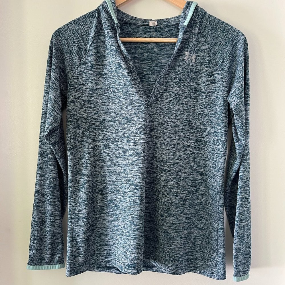 Under Armour Womens Small Heat Gear Blue Hoodie Hooded V Neck Heathered